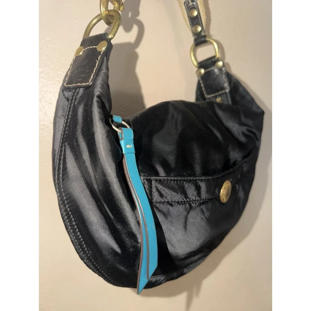 Coach Hampton Black Hobo Shoulder Bag Nylon Black Stitching  With Teal Lining